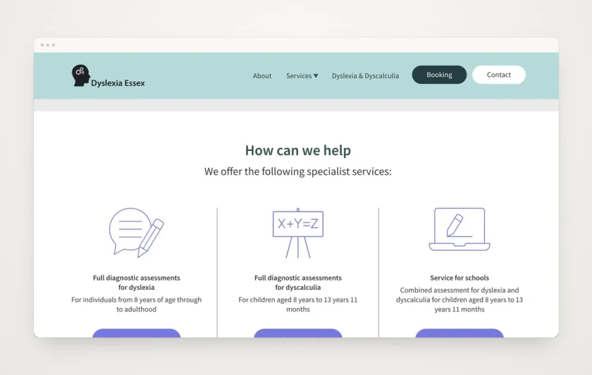 Dyslexia Essex website content section in a minimal browser frame