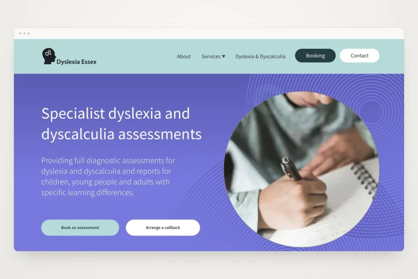 Dyslexia Essex website homepage in a minimal browser frame