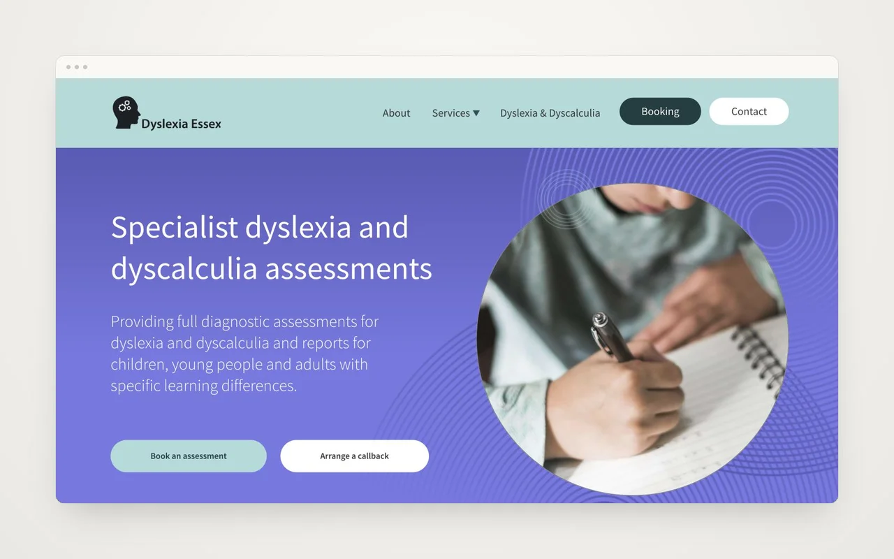 Dyslexia Essex website homepage in a minimal browser frame