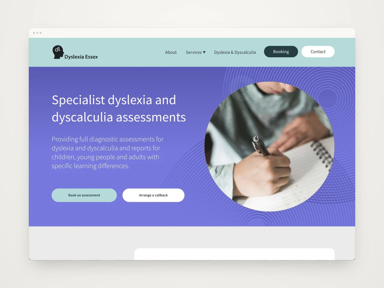 Dyslexia Essex website homepage in a minimal browser frame