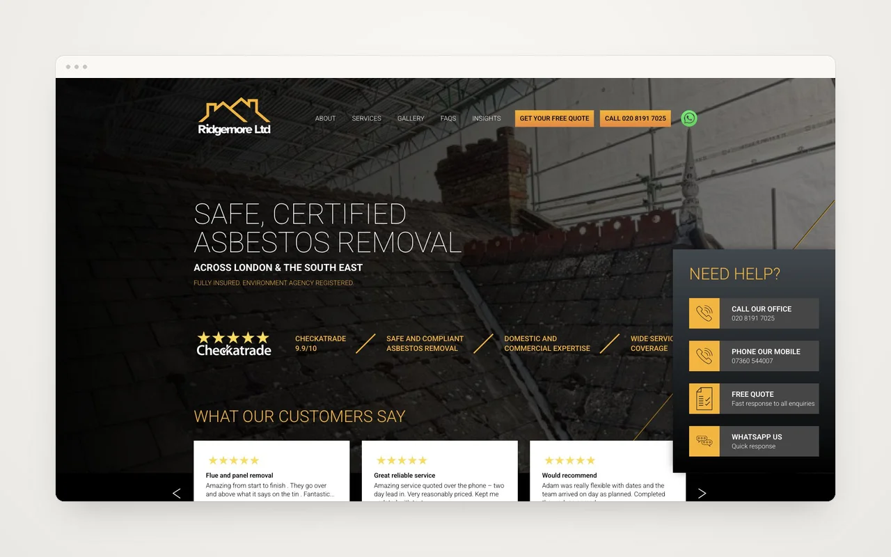 Ridgemore desktop website in a minimal browser frame