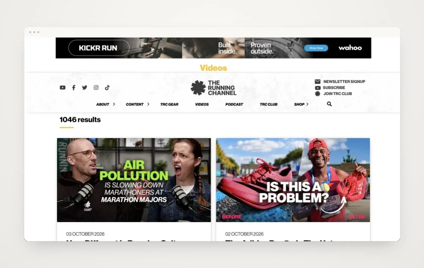 The Running Channel website content section in a minimal browser frame