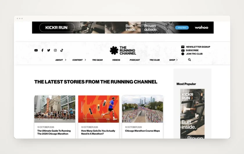 The Running Channel website homepage in a minimal browser frame