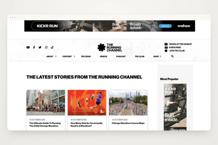 The Running Channel website homepage in a minimal browser frame