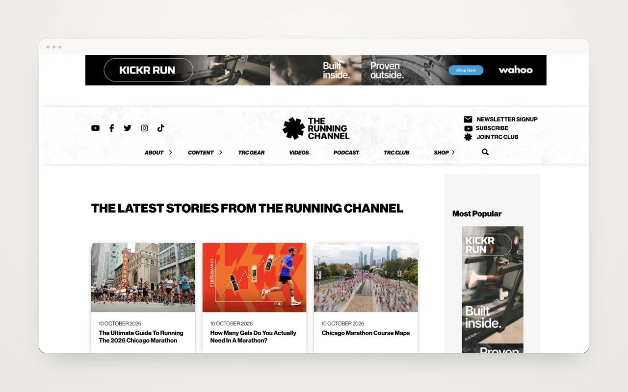 The Running Channel website homepage in a minimal browser frame