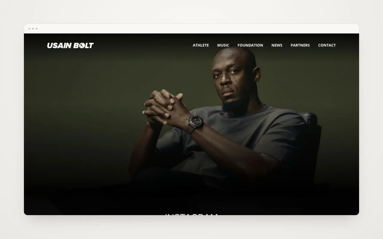 Usain Bolt website in a minimal browser frame