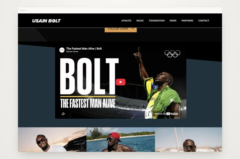 Usain Bolt website social feed and video section in a minimal browser frame